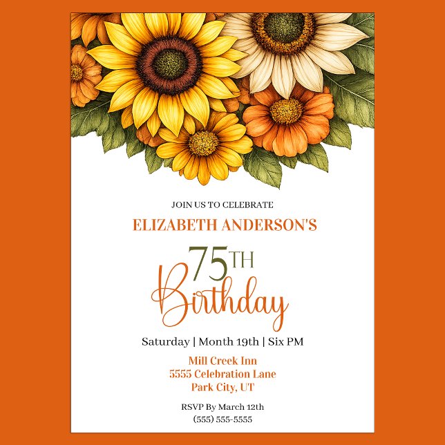 Hübsche Sonnenblume 75. Geburtstag Einladung (Pretty Sunflower 75th Birthday Invitation For Women.)