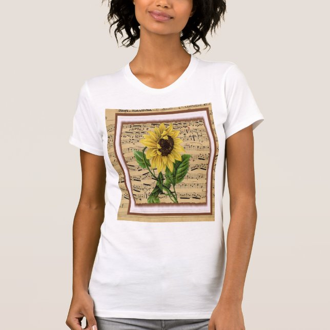 Hübsche Sonnenblume auf Vintager Blatt-Musik T-Shirt (Vorderseite)