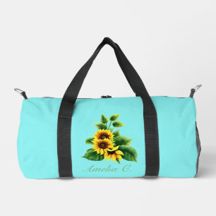 Hübsche Sonnenblume und Name im Aquamarinen Hinter Duffle Bag