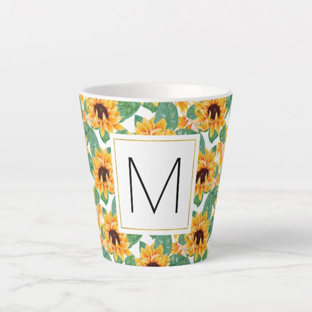 Hübsche Sonnenblumen Gelb-Grün-Muster Monogramm Milchtasse (Vorderseite)