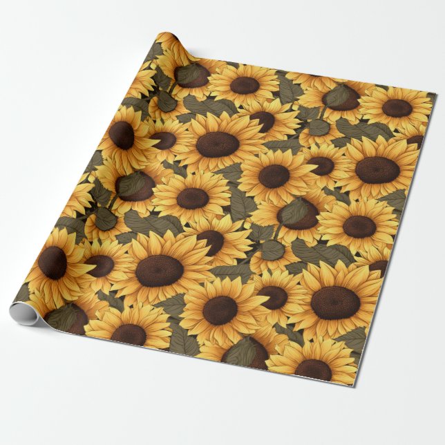 Hübsche Sonnenblumen-Illustration überall Geschenkpapier (Ungerollt)