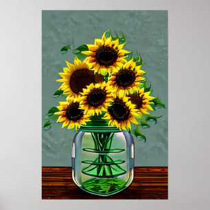 Hübsche Sonnenblumen in Glasvitrinen Poster