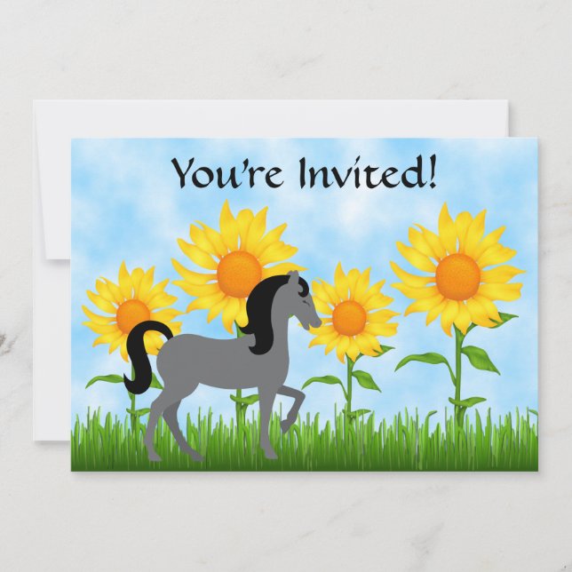 Hübsche Sonnenblumen & Pferde Einladung zum Geburt (Vorderseite)