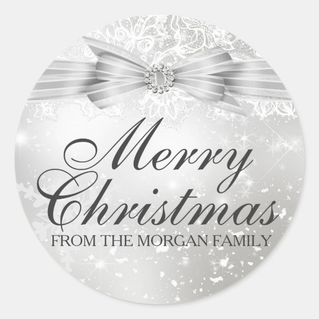 Hübsche Spitze & Bow Silver Weihnachtsaufkleber Runder Aufkleber (Vorderseite)