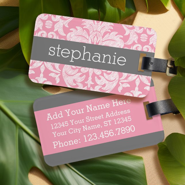 Hübsche Spitzenmatte Muster Pink Grau Gepäckanhänger (Personalized luggage tag - pink lace)