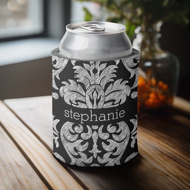 Hübsche Spitzenmatte Schwarz-Weiß-Muster Dosenkühler (Personalized Can Cooler - Add Custom Text or Name)