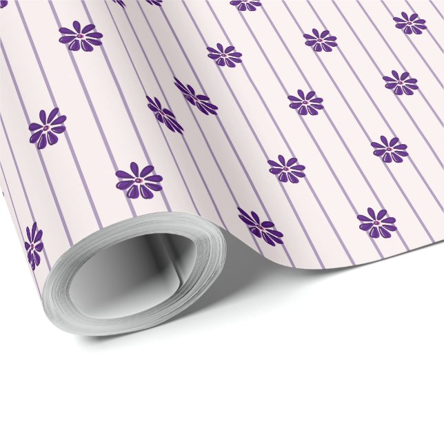 Hübsche Streifen und violette Blumen Geschenkpapier (Rolleneckpunkt)