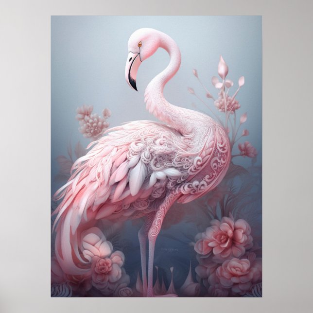 Hübsche Surreal Abstrakt rosa Flamingo auf Grau Poster (Vorne)