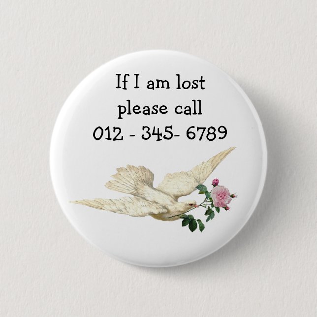 Hübsche Taube mit Rose, Kontakt mit Kindern Button (Vorderseite)