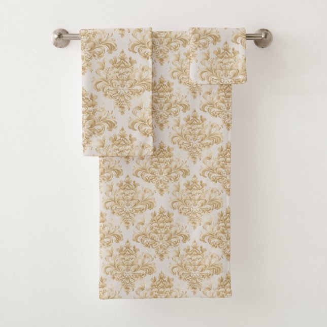 Hübsche Taupe Grau Brown Damask 3 Stück Badhandtuch Set (Insitu)