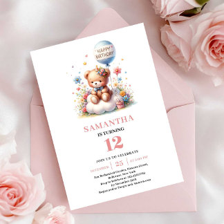 Hübsche Teddybär-Ballon-Blumen Mädchen Geburtstag Einladung