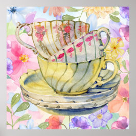 Hübsche Teetassen Blumen Poster