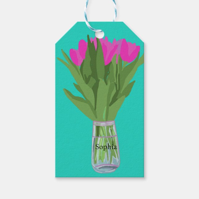 Hübsche Tulip Blume Moderne Illustration + Name Geschenkanhänger (Vorderseite)