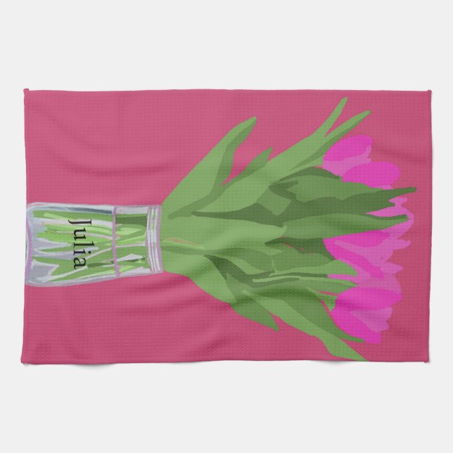 Hübsche Tulip Blume Moderne Illustration + Name Geschirrtuch (Horizontal)