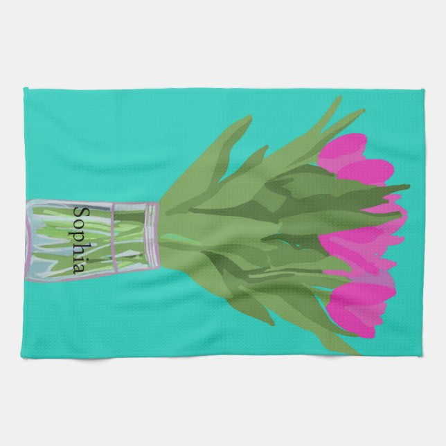 Hübsche Tulip Blume Moderne Illustration + Name Geschirrtuch (Horizontal)