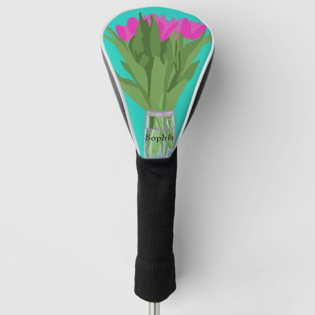Hübsche Tulip Blume Moderne Illustration + Name Golf Headcover (Vorderseite)