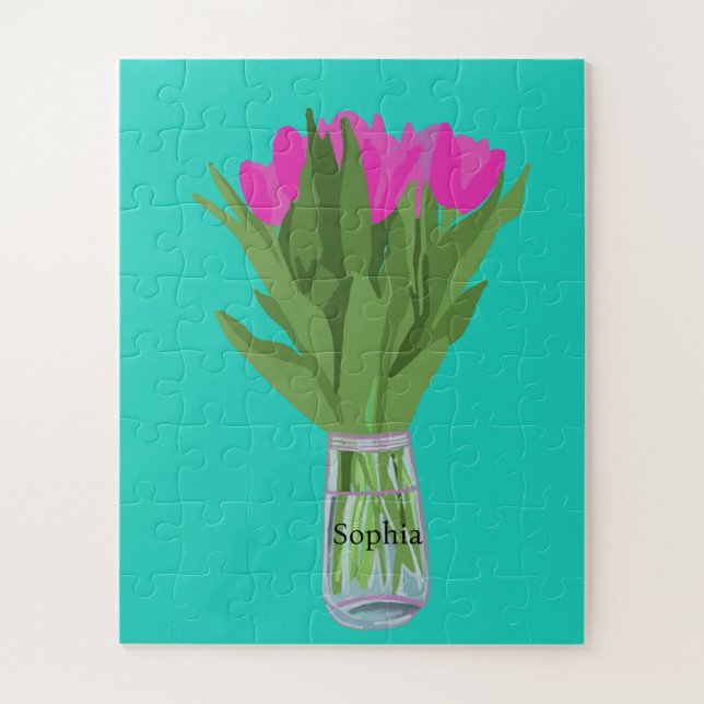 Hübsche Tulip Blume Moderne Illustration + Name Puzzle (Vertikal)