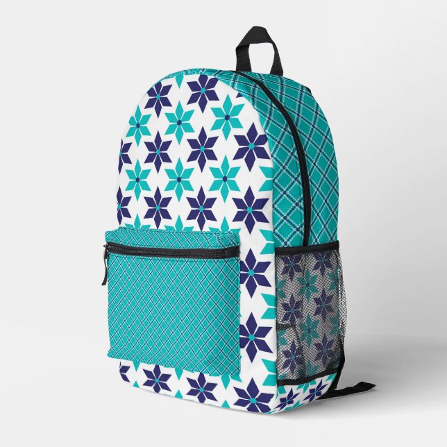 HÜBSCHE TURQUOISE & NAVY BLUE FLORAL & GEOMETRIC BEDRUCKTER RUCKSACK (Rückseitige Ecke Rechts)