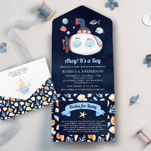 Hübsche U-Boot-Nautik-Blau-Baby-Party All In One Einladung