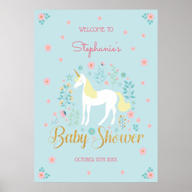 Hübsche Unicorn Gold Glitzer Kinderdusche Poster (Vorne)