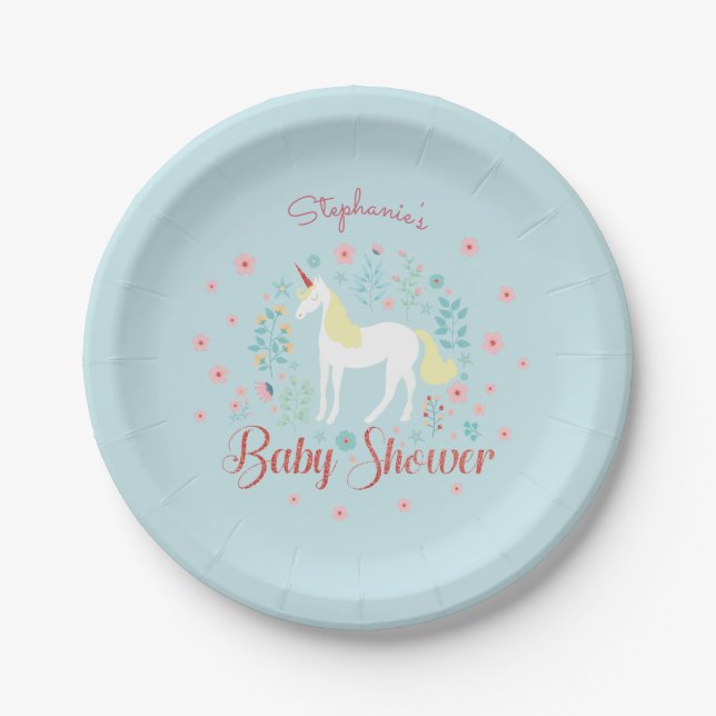 Hübsche Unicorn Rose Gold Glitzer Kinderdusche Pappteller (Vorderseite)