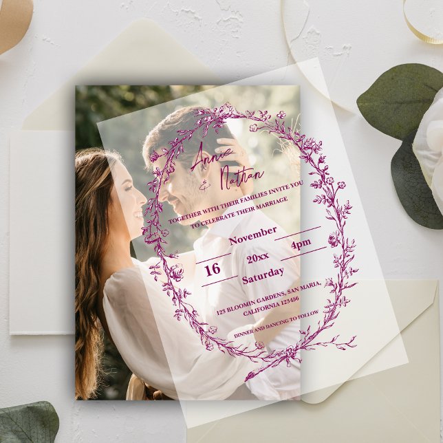 Hübsche Verzierte Burgundy Frame Wedding (Pretty Ornate Intricate Burgundy Frame Wedding Vellum Invitations)