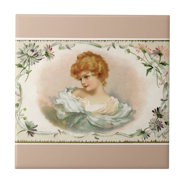 Hübsche viktorianische Dame mit Blumen Fliese (Vorderseite)
