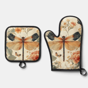 Hübsche Vintage Art Deco Dragonfly Ofenhandschuh & Topflappen-Set