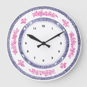 hübsche vintage blaue rosa Porzellan Delft Platten Große Wanduhr