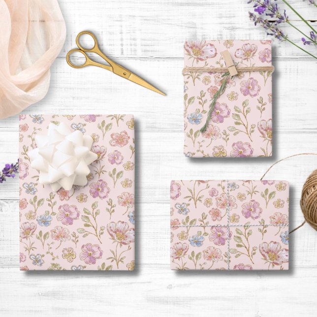 Hübsche Vintage-Blumen Blumenmuster Geschenkpapier Set (In situ)