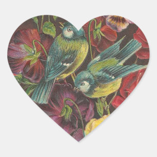 Hübsche Vintage-Blumen und -Vögel Herz-Aufkleber