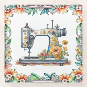 Hübsche Vintage Blumennähmaschine und Blume Glasuntersetzer