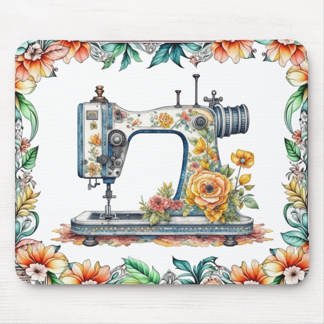 Hübsche Vintage Blumennähmaschine und Blume Mousepad (Vorne)