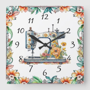 Hübsche Vintage Blumennähmaschine und Blume Quadratische Wanduhr