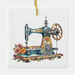 Hübsche Vintage Blumennähmaschine Weihnachten Keramikornament