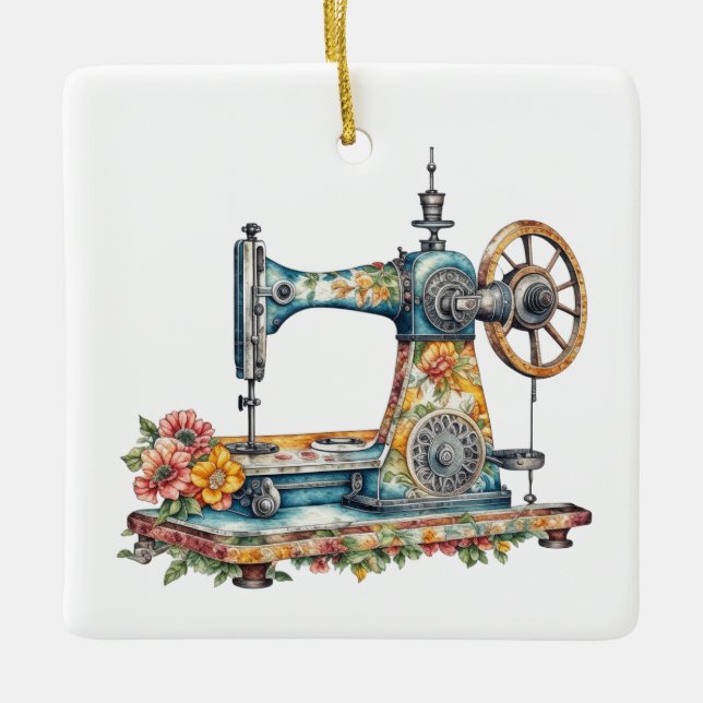 Hübsche Vintage Blumennähmaschine Weihnachten Keramikornament (Vorderseite)