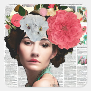 Hübsche Vintage-Dame Papiercollage-Kunst Quadratischer Aufkleber