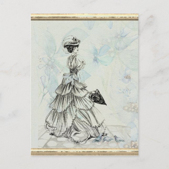 Hübsche Vintage Dame und Blumen Postkarte (Vorderseite)