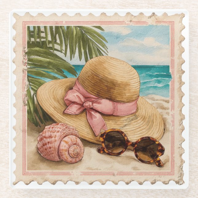 HÜBSCHE VINTAGE-DISTRESS-SOMMERSTRANDSZENE GLASUNTERSETZER (Vorderseite)