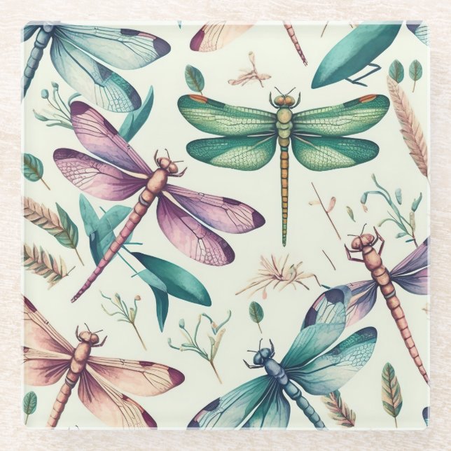 HÜBSCHE VINTAGE DRAGONFLIEN IN BLAUEM GRÜNGELBEN GLASUNTERSETZER (Vorderseite)