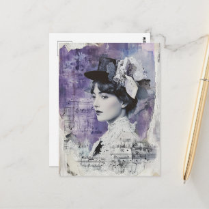 Hübsche Vintage-Frau Lila Collage Notenblatt Postkarte