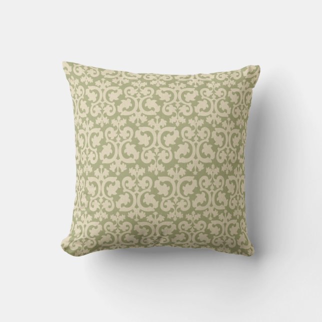 Hübsche Vintage Green und Creme Damask Kissen (Vorderseite)