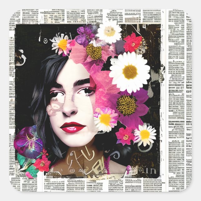 Hübsche Vintage Lady Paper Collage Newspaper Quadratischer Aufkleber (Vorderseite)