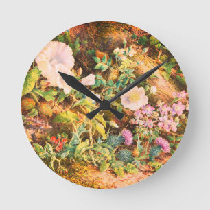Hübsche Vintage-Petunien-Blumen-Blumenmalerei Runde Wanduhr