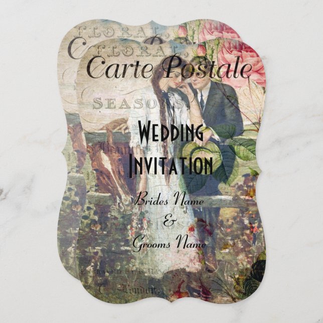 Hübsche Vintage Postkartenhochzeit Einladung (Vorne/Hinten)
