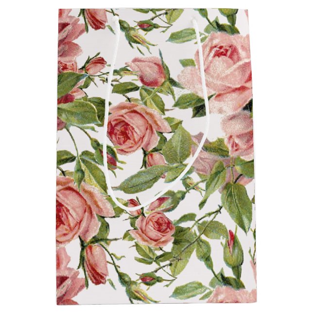 Hübsche Vintage rosa Rosen Mittlere Geschenktüte (Vorderseite)