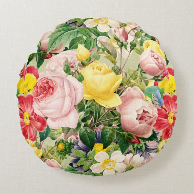 Hübsche Vintage Rose Floral Medley Rundes Kissen (Vorderseite)