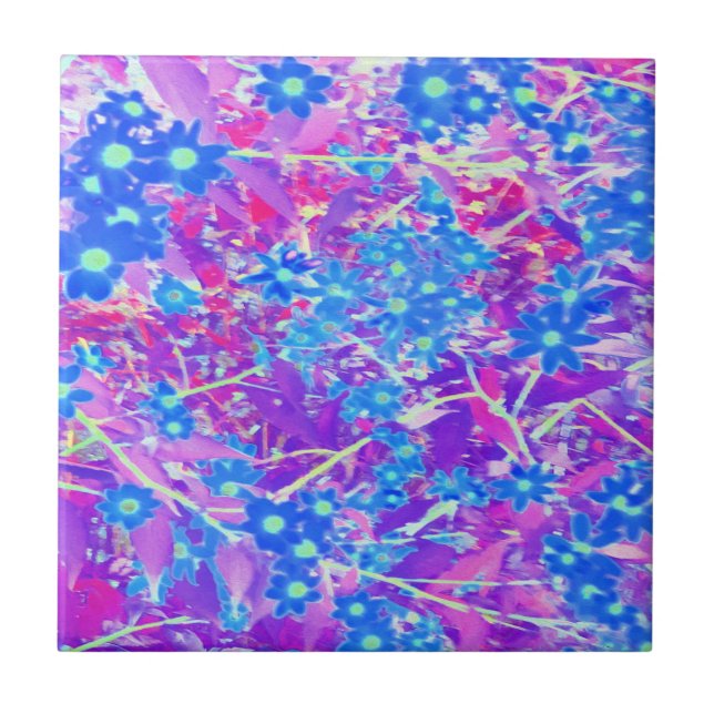 Hübsche Violett-Blau- und Limettengrüne Blume Fliese (Vorderseite)