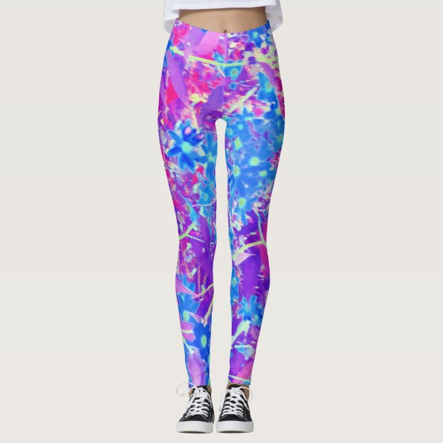 Hübsche Violett-Blau- und Limettengrüne Blume Leggings (Vorderseite)