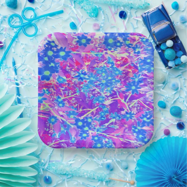 Hübsche Violett-Blau- und Limettengrüne Blume Pappteller (Party)